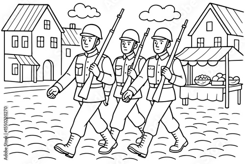 Soldiers marching in uniform with rifles through town in a coloring page style with buildings in background