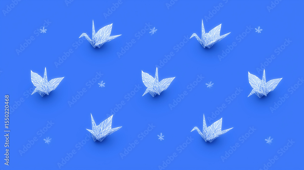 Obraz premium White Origami Cranes on Blue Background with Small Stars 