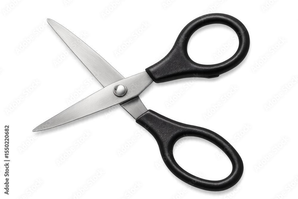 Stainless steel scissors with black plastic handles open and slightly angled on a transparent background Stainless steel scissors with black plastic handles open and slightly angled on a transparent background