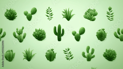 Seamless pattern of various cacti and succulents on green background
