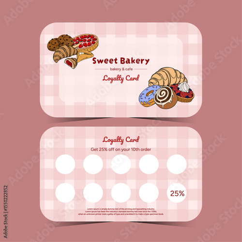 Business loyalty card with baked goods. Dessert, pastries discount for your branding. Front and back bakery card