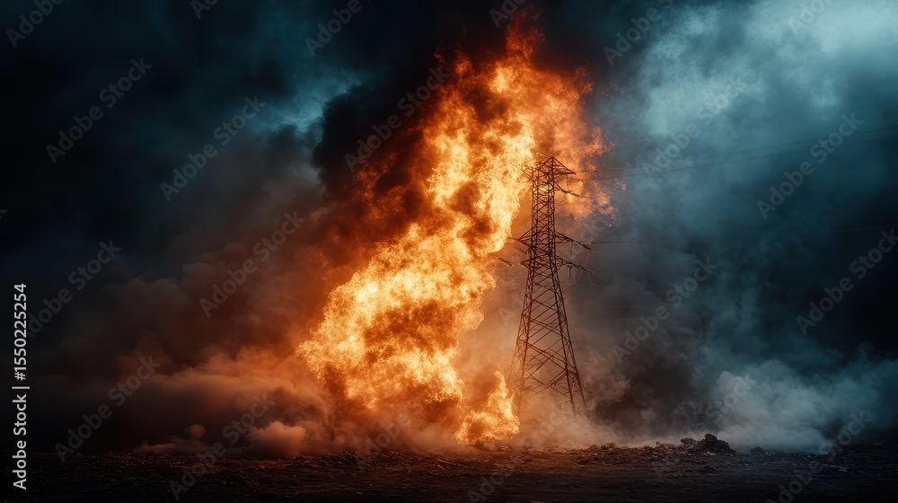 Obraz premium A dramatic scene unfolds with a tower catching fire amidst thick smoke, creating an intense visual representation of chaos and destruction in an urban environment.