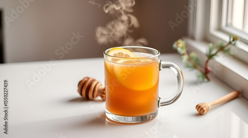 A minimalist winter scene with a steaming hot toddy in a clear mug, styled with lemon and honey on a white countertop