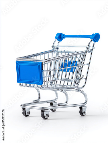 Mini metal shopping cart with blue handle and label isolated on white background
