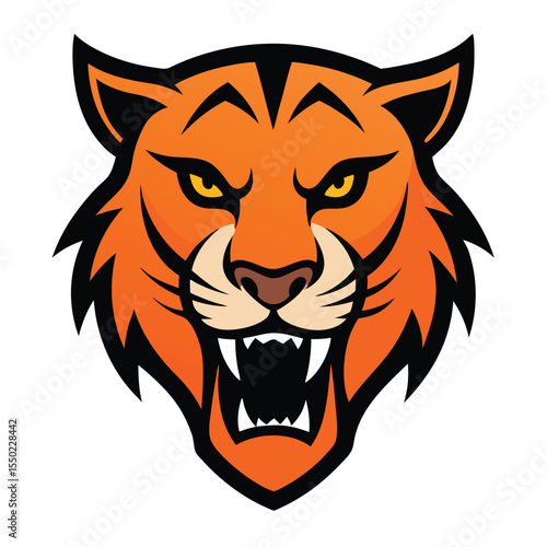 Saber toothed tiger head mascot logo with bold lines and vibrant colors on white background