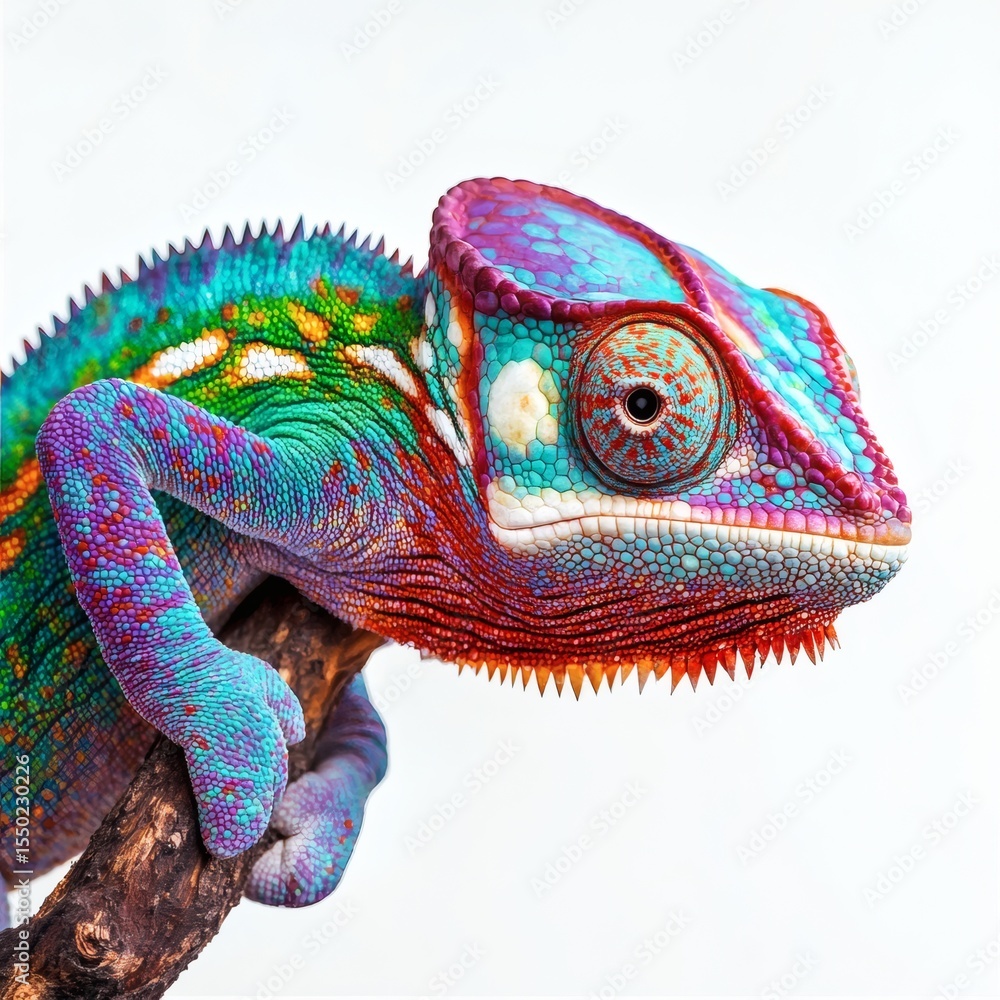 Obraz premium Beautiful image of a cute colorful chameleon isolated on white background. Exotic animals. Beautiful, cute and colorful pets