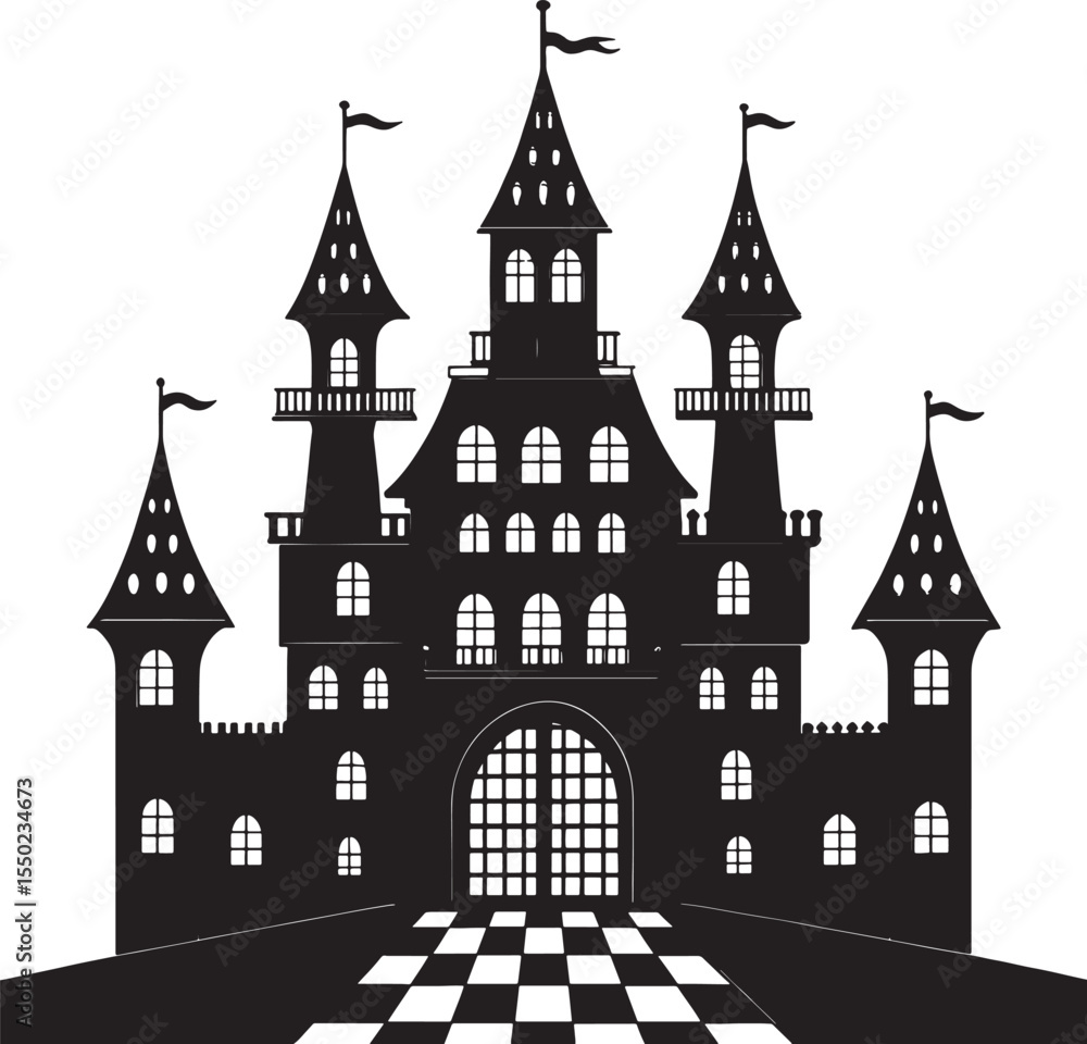 Fototapeta premium Gothic black castle silhouette with arched windows and checkered pathway