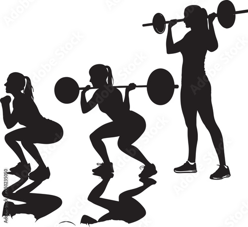 Silhouette of a woman performing barbell squats and overhead press exercises