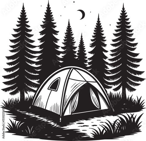 Black and white illustration of a tent pitched in a forest at night under a crescent moon