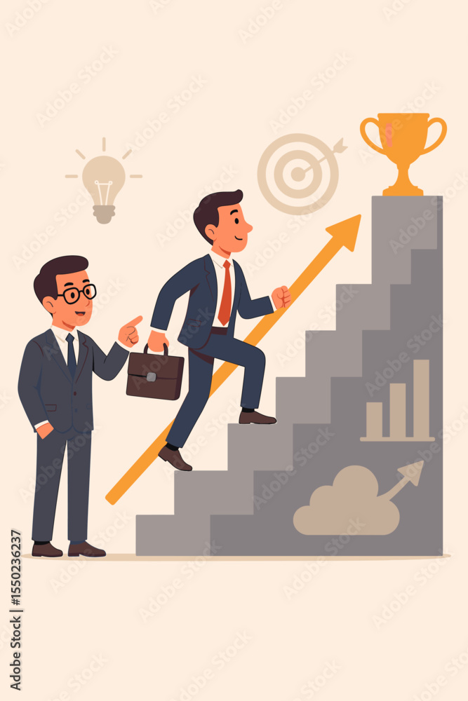 Business coaching concept for career promotion. Mentor guiding employee up the stairs to success trophy. Metaphor for achieving goals, leadership, personal development and ambition. Business coaching concept for career promotion. Mentor guiding employee up the stairs to success trophy. Metaphor for achieving goals, leadership, personal development and ambition.