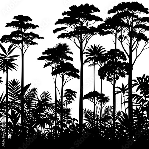  Dense jungle trees with layered plants and branches – tropical forest silhouette