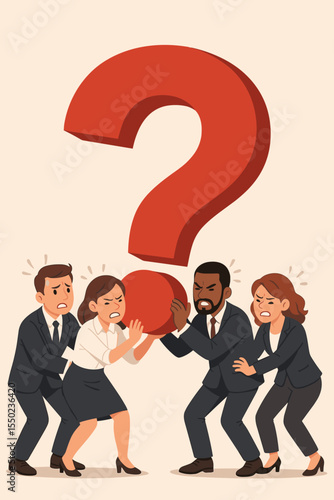 Diverse business team struggling with a heavy red question mark. Metaphor for a critical business problem, teamwork challenge, and stress. Concept for collaboration and problem solving.