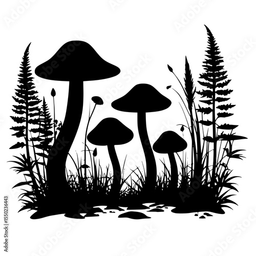 Two mushrooms growing under forest shadows with small grass – nature silhouette