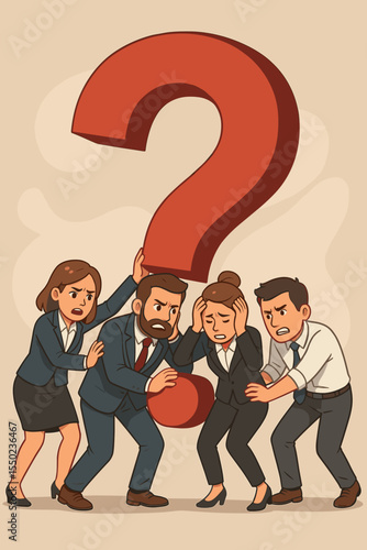 Business team struggling under a heavy question mark, a metaphor for a critical problem, crisis, and stress. Teamwork concept for challenge, doubt, support, and finding a solution.