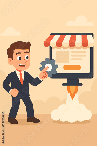 E-commerce startup launch vector illustration. Businessman entrepreneur starting online store. Webshop rocket boost for business success. New venture setup and project launch concept.