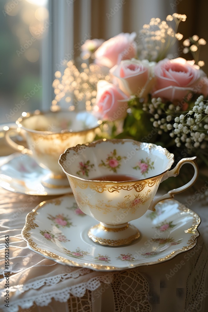 Fototapeta premium Vintage Tea Elegance – Gold-Trimmed Teacups on Lace Tablecloth