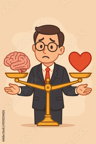 Businessman balancing heart and brain on a scale. Metaphor for dilemma between rational thinking and emotional desires. Concept of choice, work-life balance, career vs passion, psychology.