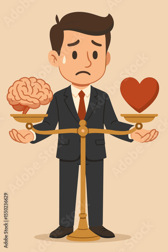 Businessman Balancing Brain and Heart on Scale, Emotional vs Rational Decision Making, Career Dilemma, Mental Conflict, Thoughtful Business Man, Vector Cartoon Illustration