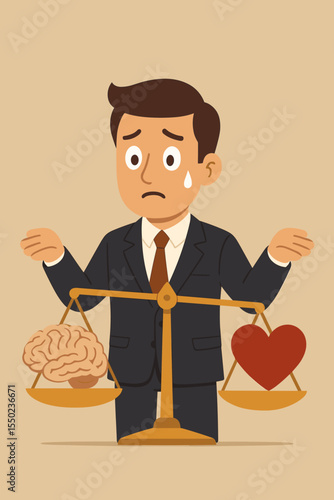Businessman balancing brain and heart on a scale. Concept of dilemma between logic and emotion, rational thinking vs feelings. Man making a difficult career choice. Vector illustration.