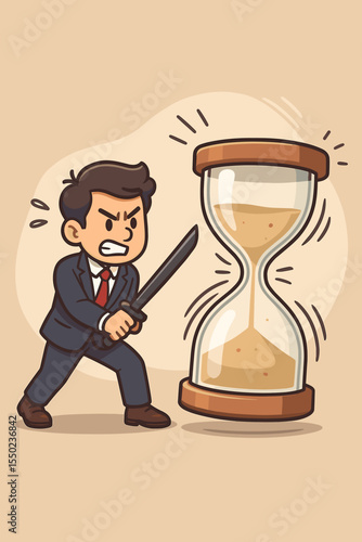 Businessman fighting a huge hourglass with a sword. Metaphor for deadline pressure, time management strategy, and business stress. Angry employee racing against time for productivity.