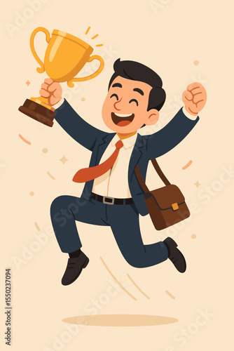 Delighted businessman jumping high with golden trophy, celebrating triumph, concept of victory, corporate achievement, success, recognition, winning prize, and business competition.
