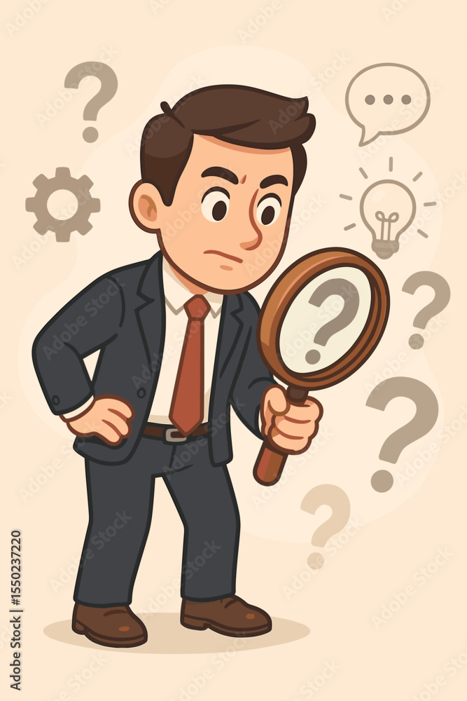 Businessman searching for answers with a magnifying glass. Concept of information service, customer support, finding solutions, business research, data analysis, and problem-solving. Businessman searching for answers with a magnifying glass. Concept of information service, customer support, finding solutions, business research, data analysis, and problem-solving.