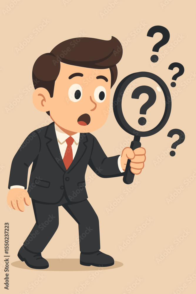 Businessman searching for answers with a magnifying glass looking at question marks. Business concept for problem solving, finding solutions, inquiry, customer support, and FAQ. Businessman searching for answers with a magnifying glass looking at question marks. Business concept for problem solving, finding solutions, inquiry, customer support, and FAQ.
