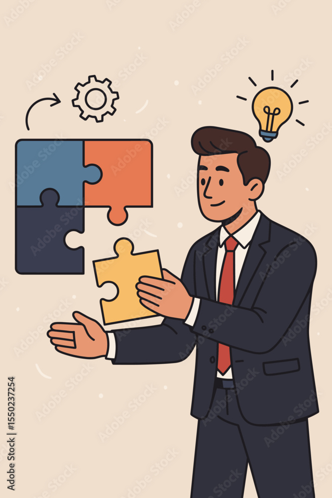 Businessman solving a complex problem, fitting puzzle pieces together. Creative business solution and strategy concept. Manager with a lightbulb idea for innovation and teamwork. Businessman solving a complex problem, fitting puzzle pieces together. Creative business solution and strategy concept. Manager with a lightbulb idea for innovation and teamwork.