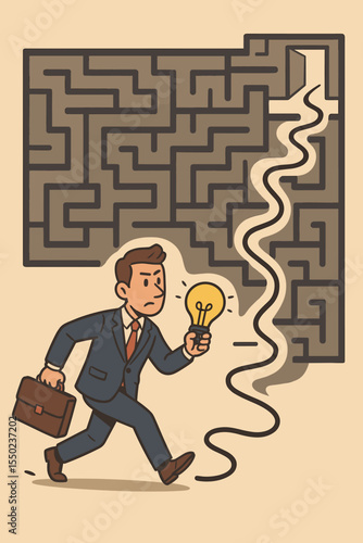 Businessman with a lightbulb finds a creative solution to a complex maze. Business concept metaphor for innovation, strategy, problem solving, finding an exit, and overcoming crisis.