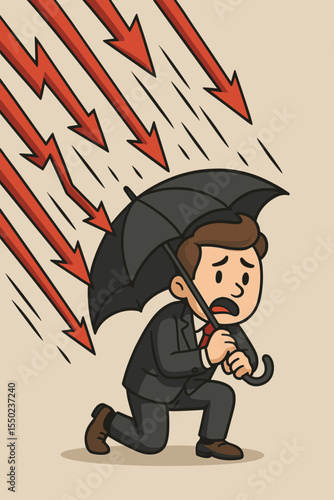 Scared businessman shelters with umbrella from falling red arrows. Metaphor for economic crisis, financial recession, stock market crash, business failure. Risk management concept.