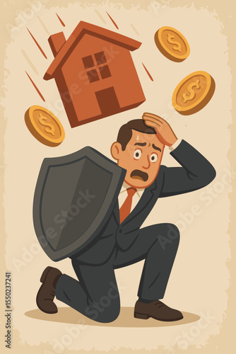 Businessman with shield protecting from falling house and coins. Real estate crisis metaphor. Concept for housing market crash, recession, debt, bankruptcy, financial risk.