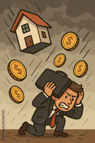 Real estate crisis metaphor with a businessman shielding himself from a falling house and money. Housing market crash, mortgage debt, financial downturn, and investment risk concept.