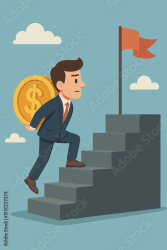 Businessman carrying heavy gold coin up stairs to reach a goal. Metaphor for financial success, career ladder, ambition, investment, and challenge. Motivation for growth vector.
