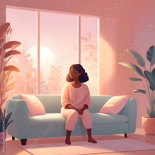 Illustration of person sitting on sofa practicing mindfulness with soft warm lighting, calm surroundings, mental health awareness concept, pastel colors, 4K