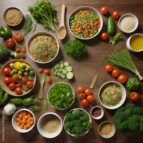 Top-down view of healthy meal preparation with vegetables, grains, and herbs on wooden table, realistic lighting, 4K, clean and natural style
Negative prompt: bad quality, worst quality