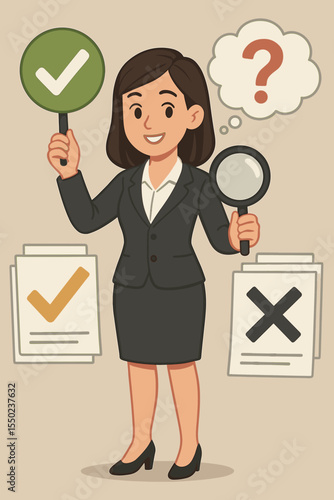 Fact checking concept. Businesswoman distinguishing facts from myths, verifying information. True vs false metaphor. Research, analysis with magnifying glass. Debunking fake news.