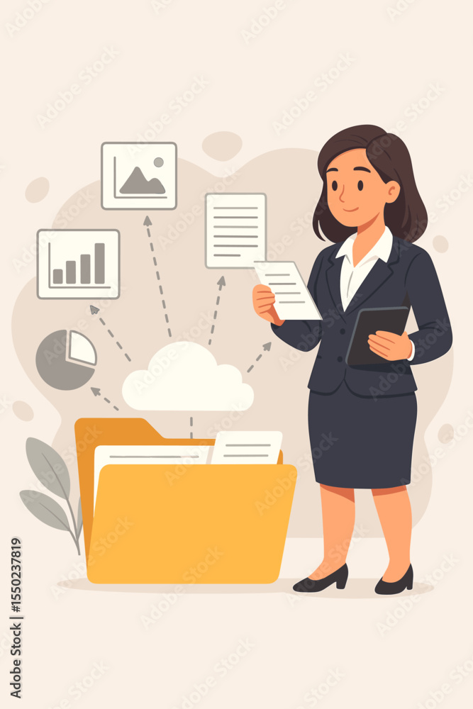 Businesswoman organizing digital files for efficient data management. Cloud storage and document system concept. Professional sorting information into an online archive folder. Vector. Businesswoman organizing digital files for efficient data management. Cloud storage and document system concept. Professional sorting information into an online archive folder. Vector.