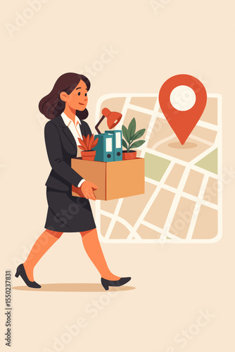 Businesswoman relocating office, carrying a box with personal belongings. Concept of moving to a new location, business change, and career growth. Map with location pin background.