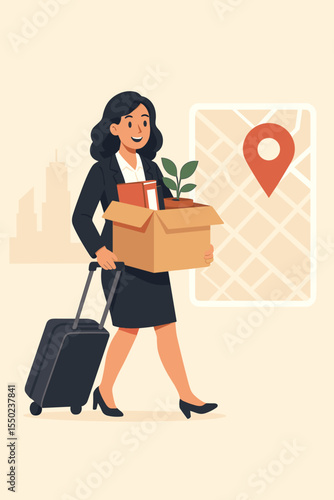 Confident businesswoman relocating office, carrying box and luggage, new job location tagged on map, concept of career change, business move, and professional growth in dynamic environment.