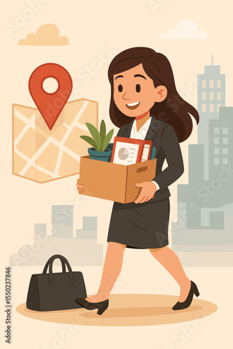 Happy businesswoman relocating office, carrying box to new job location. Map with pin icon symbolizes moving, career change, new beginnings, and corporate growth. Vector cartoon.