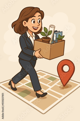 Businesswoman relocating office, carrying box of belongings. Concept of moving, business change, new job location. Character walking on map with a pin. Vector cartoon illustration.