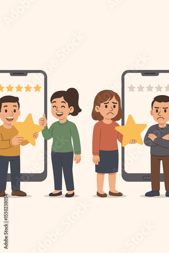 Customer review concept with good and bad ratings. Happy people give five star feedback, unhappy clients show dissatisfaction with one star. User experience vector illustration.