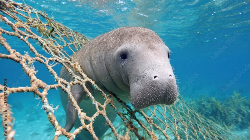 Fototapeta premium A manatee is entangled in a net underwater, its face close to the camera looking concerned.