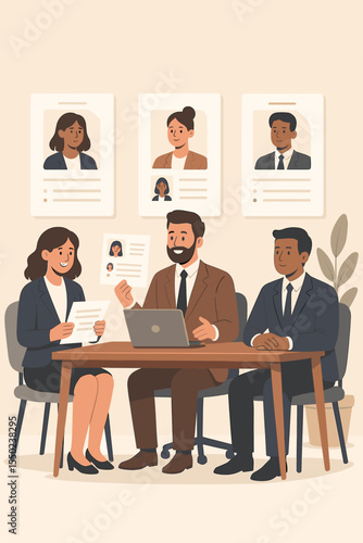 HR team reviewing resumes for employee selection. Concept of hiring process, talent acquisition, and recruitment. Business managers at a job interview screening candidates.