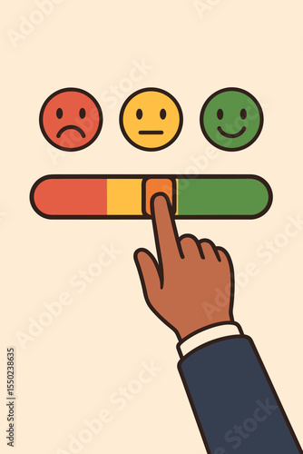 Customer giving feedback on a satisfaction survey. Hand moving a slider on a rating scale with emoticons. User experience evaluation from poor to excellent. Service quality review.