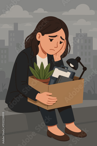 Sad depressed woman with box of office belongings after job loss and unemployment. Fired female employee character sitting on the street. Concept of dismissal, career crisis, jobless.