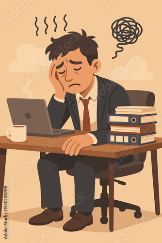 Exhausted businessman suffering from burnout, fatigue, and work-related stress. Overworked tired office worker concept. Mental health, anxiety, and pressure vector cartoon.