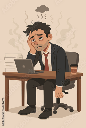 Exhausted businessman suffering from professional burnout and fatigue at his desk. Concept of work-related stress, mental health issues, depression, and overwork. Tired office worker.