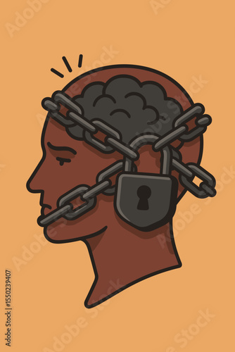 Fixed mindset metaphor with head locked by a chain. Psychology concept for mental block, negative thinking, limiting beliefs, censorship, intellectual prison, and lack of creativity.
