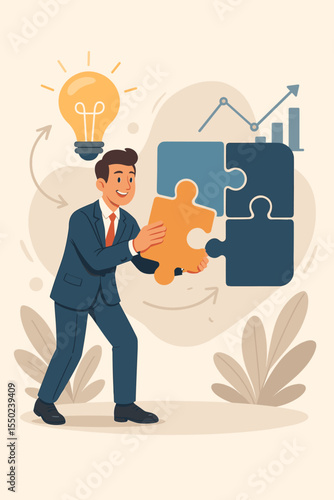 Businessman assembling a puzzle to solve a business challenge. Creative problem-solving and strategy concept. Man connecting jigsaw piece with light bulb idea for growth and success.